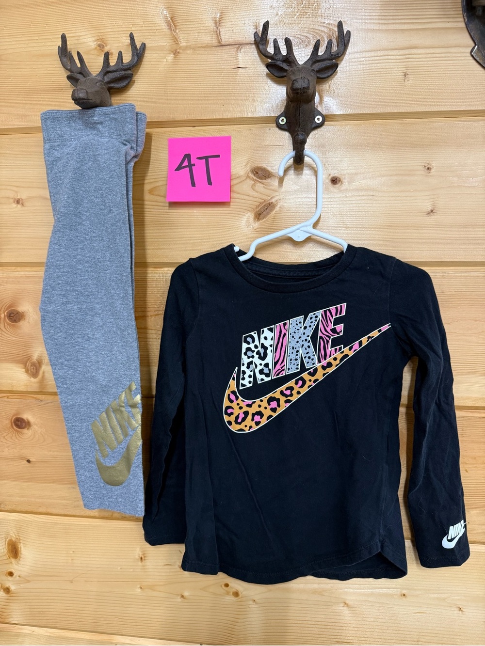 Nike Girls Black Tee with Multicolor Leopard Swoosh & Gray Leggings